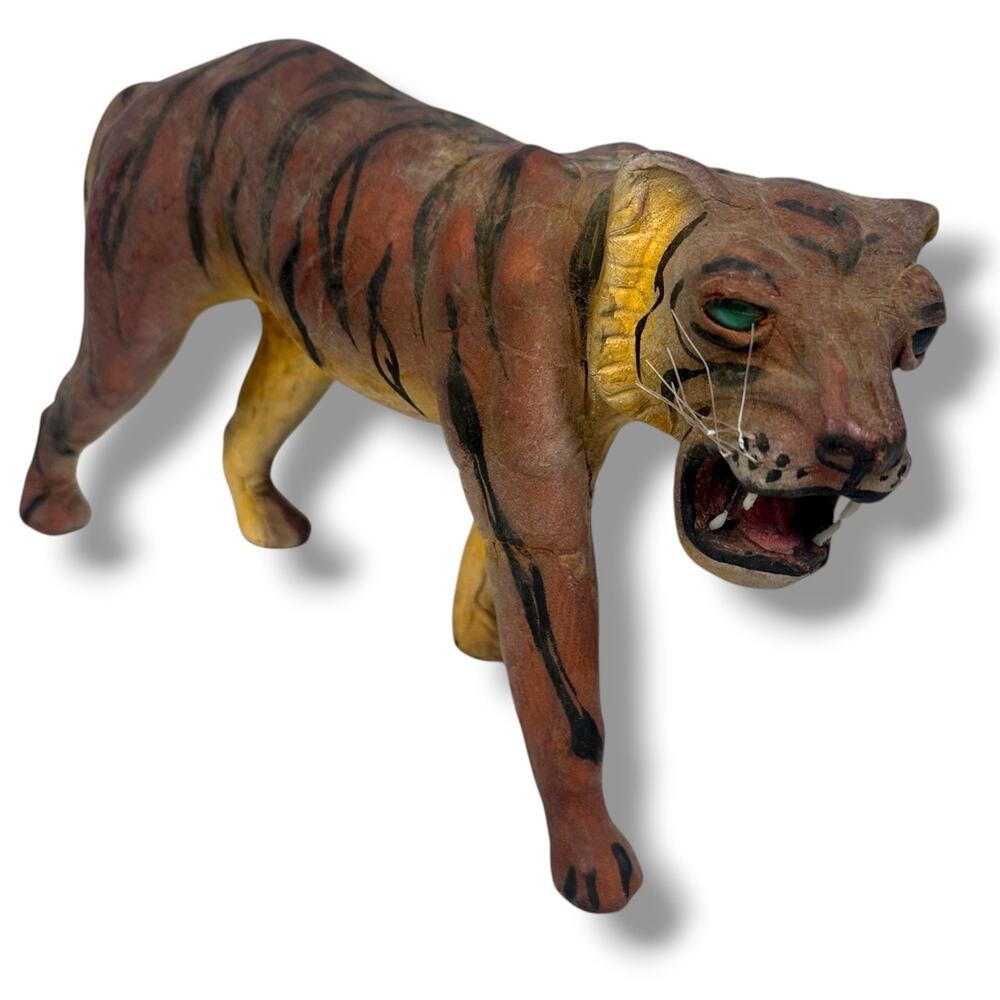 Vintage Tiger Figurine Leather Wrapped Animal Sculpture‎ MCM Mid-Century Modern